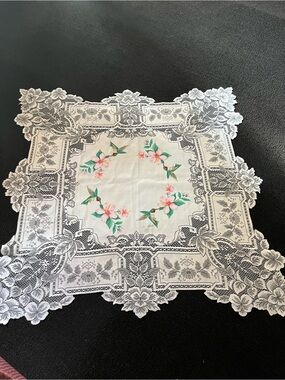 Heritage White Lace Table Cover with Pink Flowers & Green Leaves